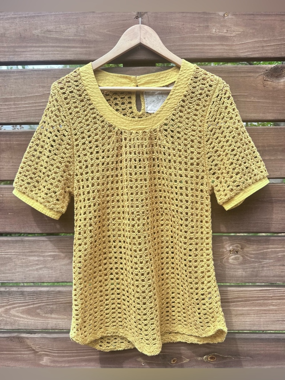 Anthropologie Angel of the North Senoia Mustard Crochet Scoop Neck Button Detail